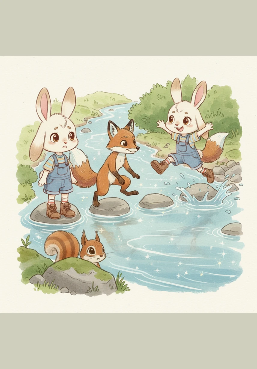 At the edge of a wide, sparkling river, Sesame stops and worries that the water is much too deep to cross. Freddy the fox appears and shows him how to hop across the slippery stones, and with a big leap and a splash, Sesame makes it to the other side feeling very proud.