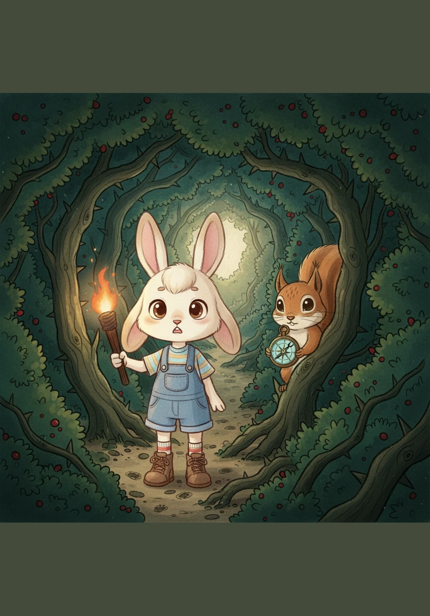 Together, they face a confusing maze of thorny bushes that pull at their fur and block their path. Sesame looks closely and notices bright red berries marking a safe trail, and he leads Lila through the sharp branches until they reach the other side completely unscathed.