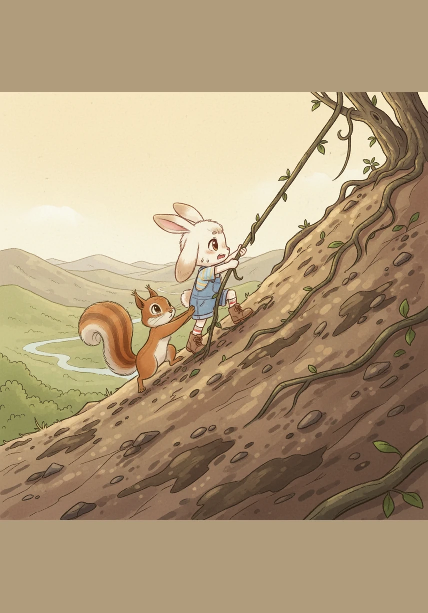 A steep, slippery hill stands between the friends and their goal, challenging Sesame’s short legs and tired spirit. With Lila pushing from behind and Sesame pulling on sturdy vines, they work as a team to reach the very top where a beautiful view awaits them.