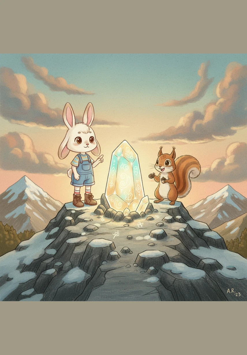 At the summit, they finally find the magnificent tree glowing with golden light and heavy with shimmering fruit. Sesame reaches up with a confident paw to pick a golden apple, and as he takes a bite, he feels the warmth of true bravery radiating through him.