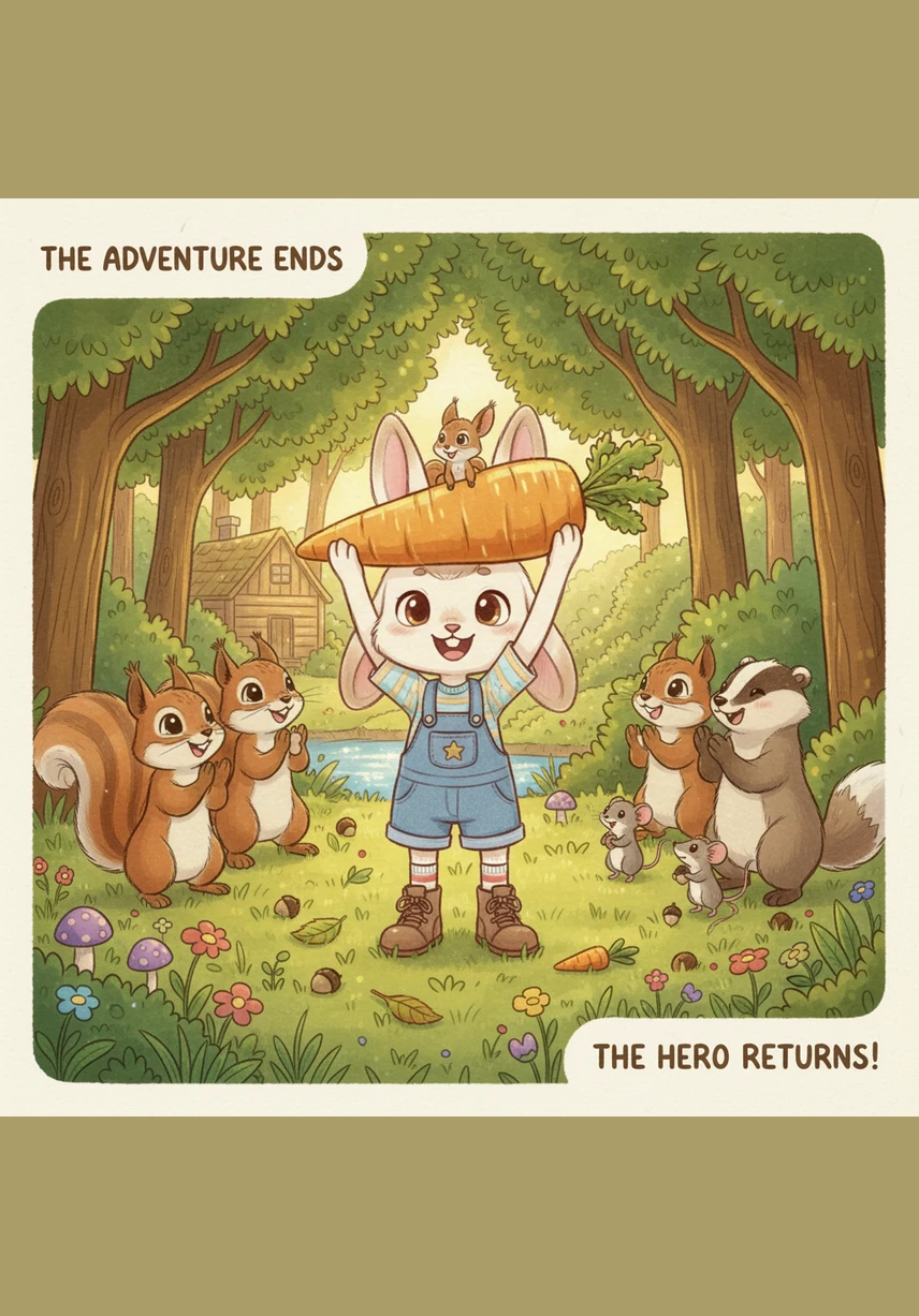 Sesame and Lila return home to share the magical apples with all their friends, filling the forest with laughter and joy. The little bunny who was once afraid is now a hero, teaching everyone that bravery is simply trying your best even when you are scared.