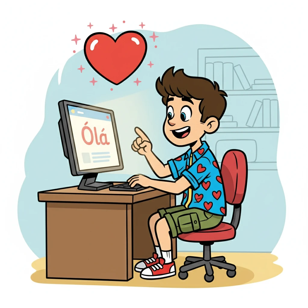 Ricardo, um jovem sonhador, enviou uma mensagem para Sofia no Facebook. Uma simples saudação, um 'Olá', que iniciou uma conversa que mudaria suas vidas. A imagem mostra Ricardo, sorrindo para a tela do computador, com um coração pairando sobre ele.