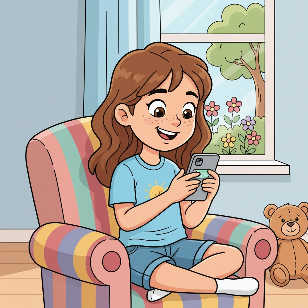 Sofia, curiosa e cativada, respondeu à mensagem de Ricardo. A partir desse momento, as mensagens tornaram-se diárias, construindo uma amizade virtual. A ilustração mostra Sofia, com um sorriso, lendo as mensagens de Ricardo em seu telefone.