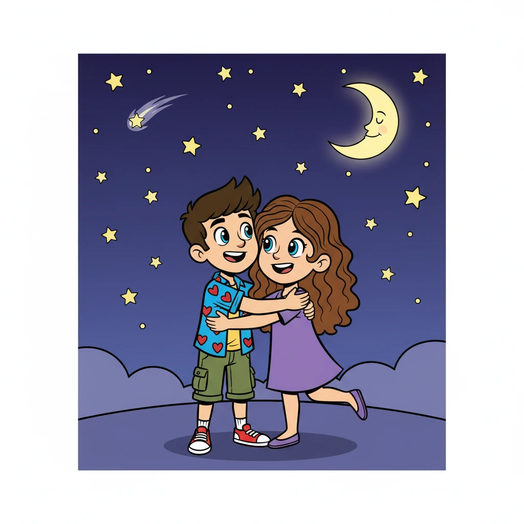 Dois anos se passaram, e a amizade virtual evoluiu para algo mais. Ricardo, nervoso, finalmente conheceu Sofia pessoalmente. O encontro, cheio de expectativas, foi mágico. A imagem mostra os dois se abraçando pela primeira vez, sob um céu estrelado.