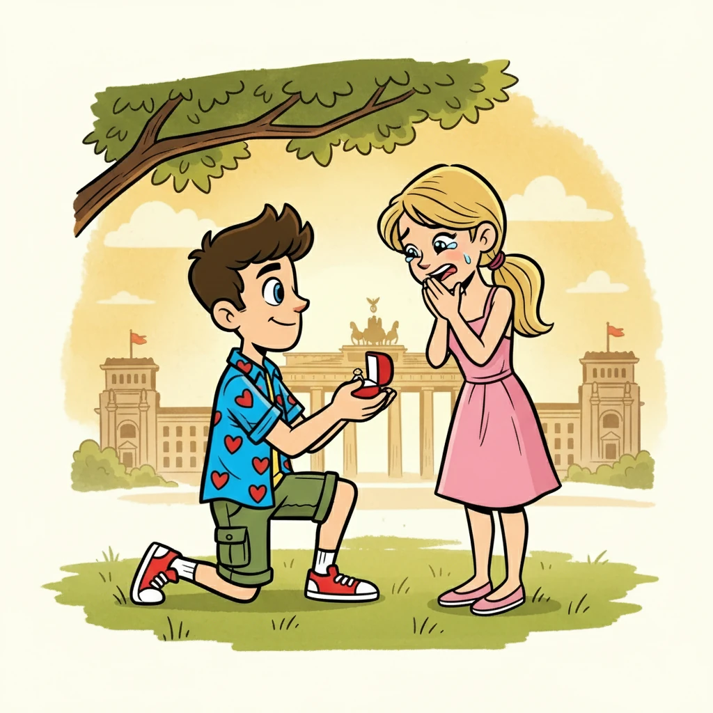 Seis anos depois, em Berlim, Ricardo preparou uma surpresa. Sob a luz dourada do sol, ele ajoelhou-se e fez o pedido. A ilustração mostra Ricardo ajoelhado, com um anel, diante de Sofia, emocionada.