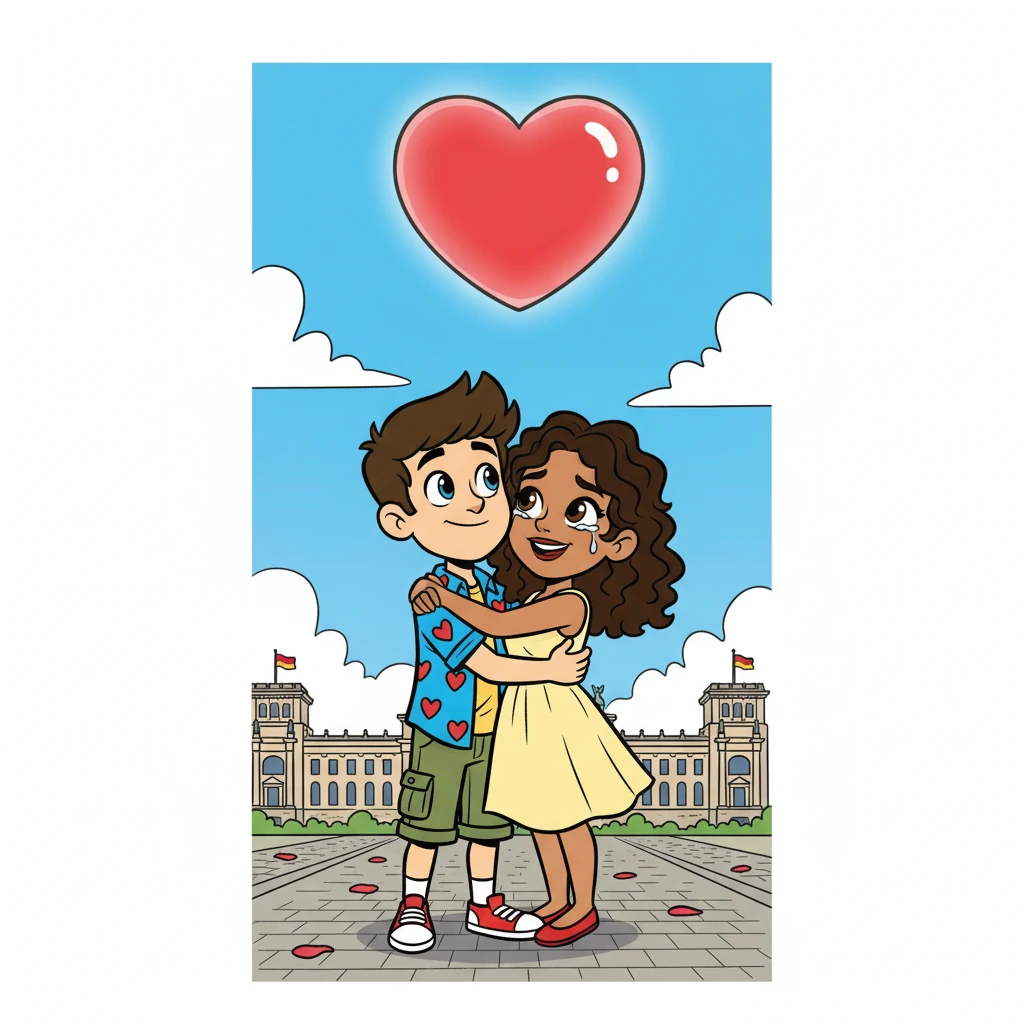 Com lágrimas nos olhos, Sofia disse 'Sim!' O amor deles, nascido de uma mensagem, havia culminado num final feliz. A ilustração mostra o casal abraçado, com um coração gigante a pairar sobre eles, em Berlim.