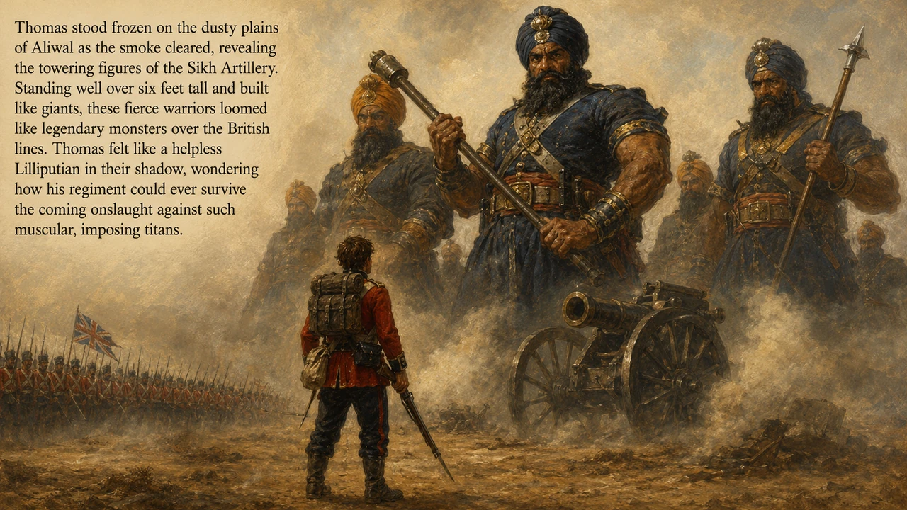 Thomas stood frozen on the dusty plains of Aliwal as the smoke cleared, revealing the towering figures of the Sikh Artillery. Standing well over six f