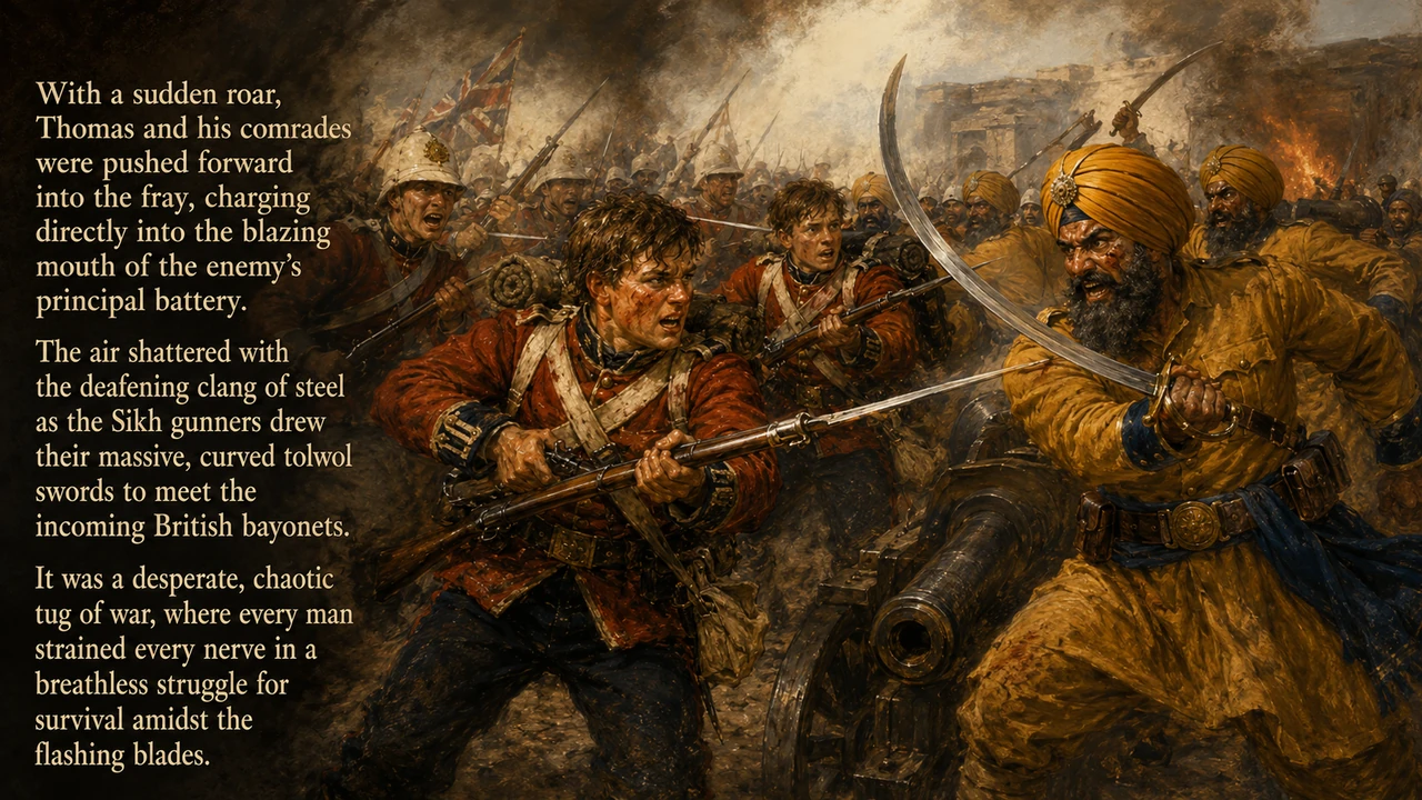 With a sudden roar, Thomas and his comrades were pushed forward into the fray, charging directly into the blazing mouth of the enemy's principal batte