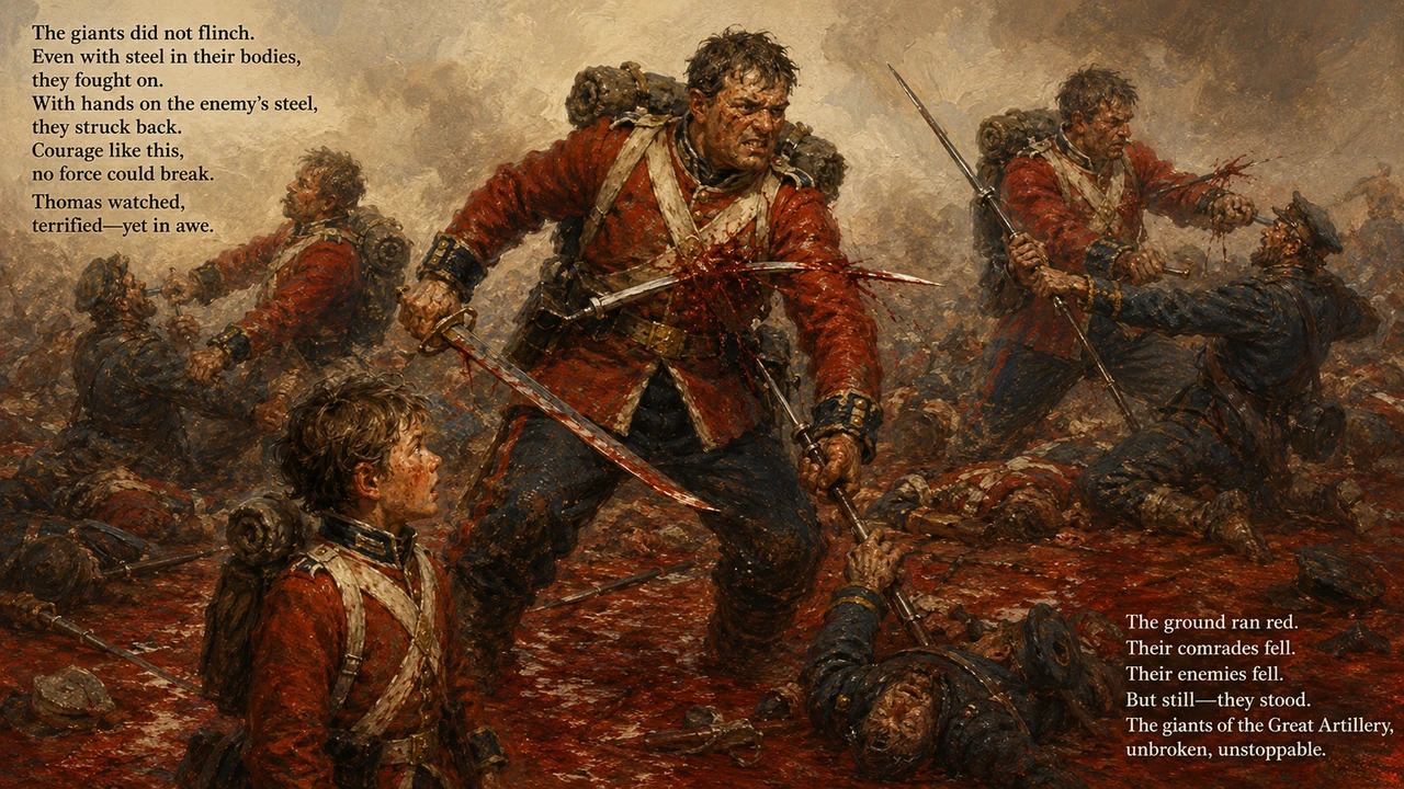 The ground quickly turned crimson as the brutal, hand-to-hand combat reached its peak. Thomas watched in absolute awe and terror as the giant artiller
