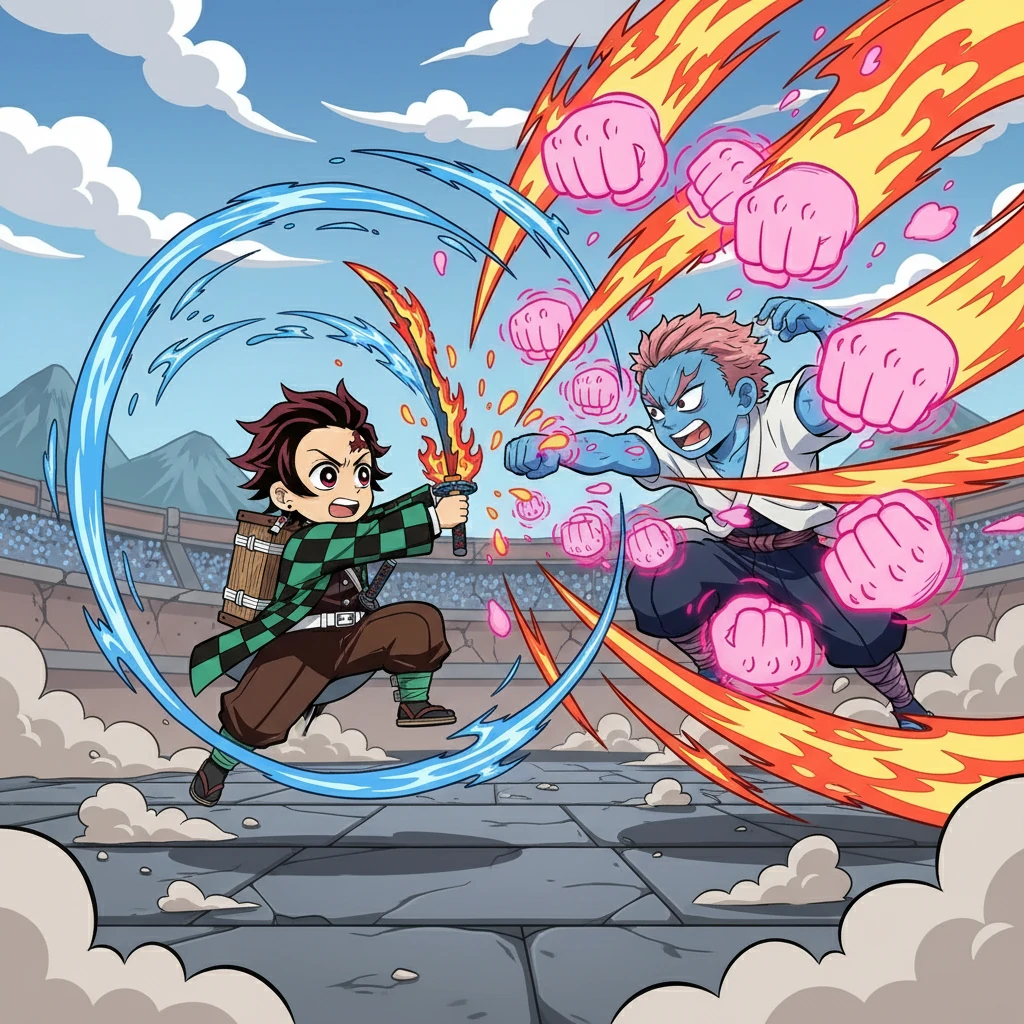 猗窝座の猛攻が始まる。高速で繰り出される拳は、まるで嵐のように炭治郎を襲う。炭治郎は、水の呼吸と炎の呼吸を駆使し、必死に防御するが、次第に追い詰められていく。