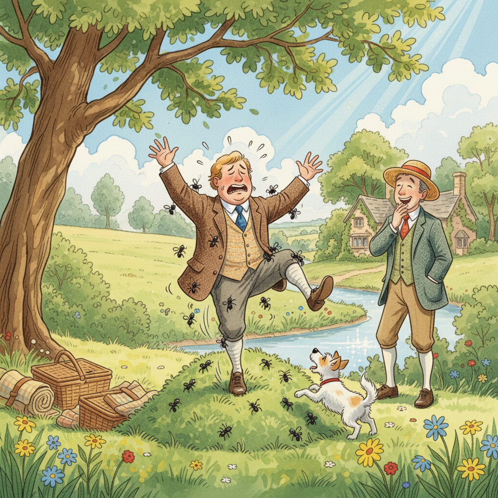 The next morning, the trio explored the woods, searching for the ideal picnic spot. George, lost in thought, settled on what looked like a nice patch of grass. Unfortunately, it was an anthill, and within seconds, he was dancing a frantic jig, much to the ants' apparent displeasure.