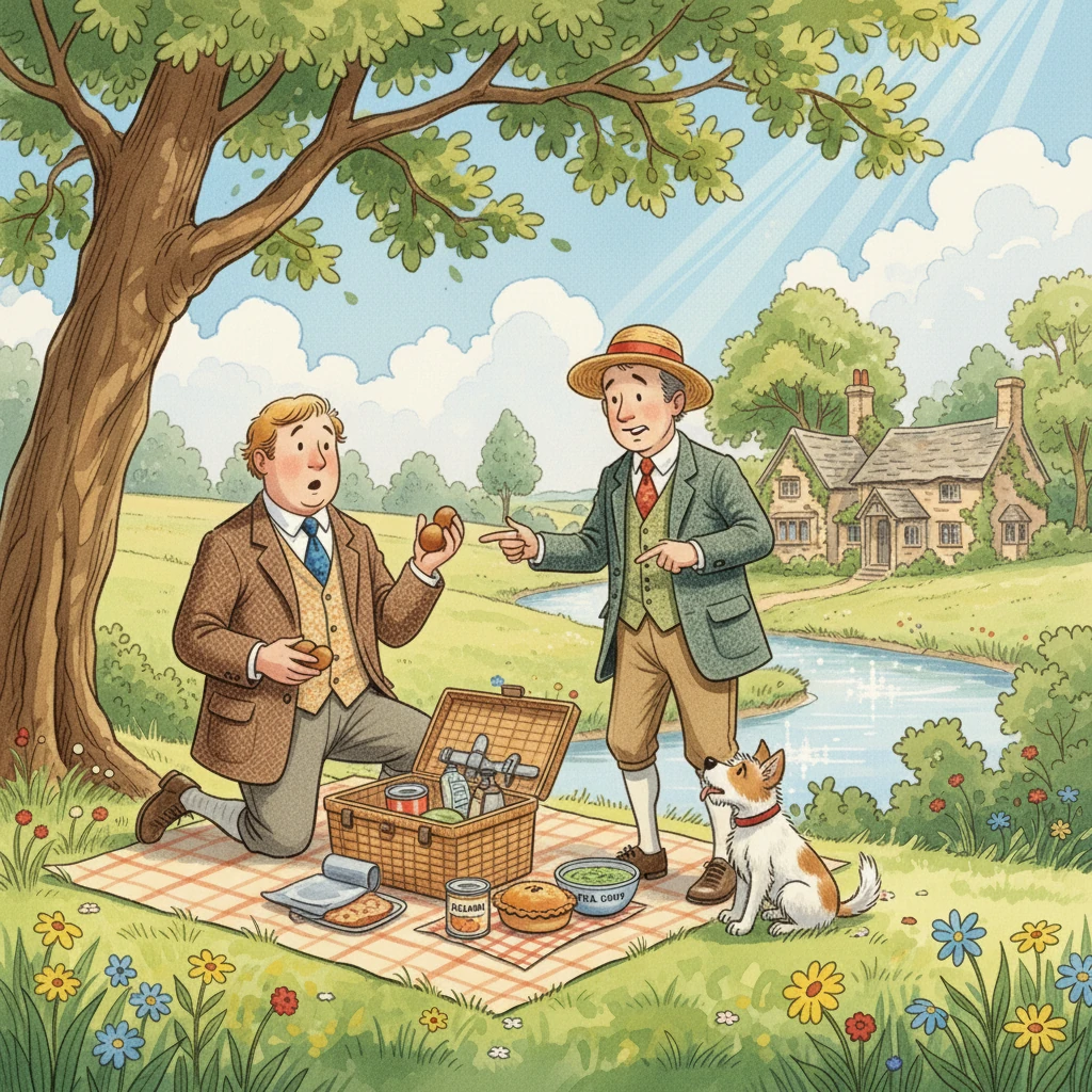 Unpacking their picnic basket, they discovered a collection of mismatched items: half a dozen eggs, half a tin of salmon, and a pork pie. There was also something that had once been peas, but was now more like pea soup. Undeterred, Harris announced, "We shall make stew!"