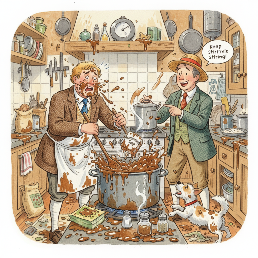 Harris eagerly began the cooking process, adding all the ingredients to a pot. Salt, pepper, and – accidentally – Montmorency's soap, were stirred in. George cheerfully reminded Harris to keep stirring, causing gravy to splash everywhere. The kitchen was in utter chaos.