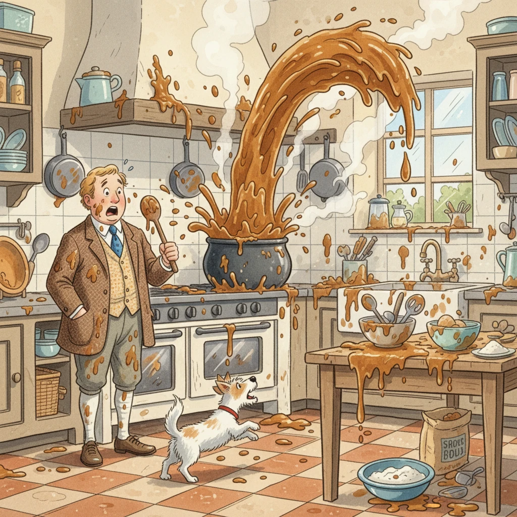 “We just need to thicken the gravy,” Harris declared, just before the entire concoction erupted like a miniature volcano. The pot spewed its contents in a spectacular explosion, coating everything in a sticky, savory mess. The dog barked in surprise.