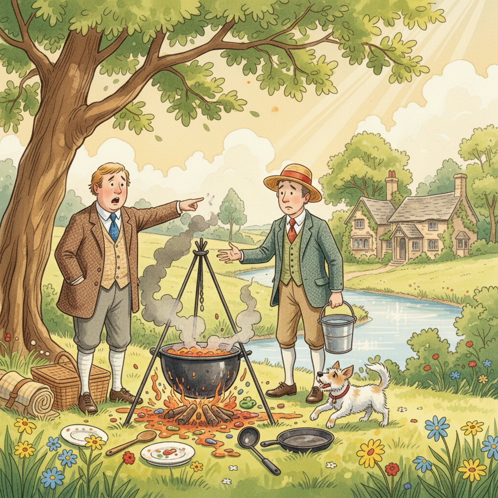 The friends surveyed the smoking pot with earnest expressions, contemplating the day's events. George, with a sigh, suggested they stick to ordering dinner at the inn next time. The rest of the evening was spent cleaning up the disaster, with a promise never to let Harris cook again, while Montmorency playfully chased the spilled food.