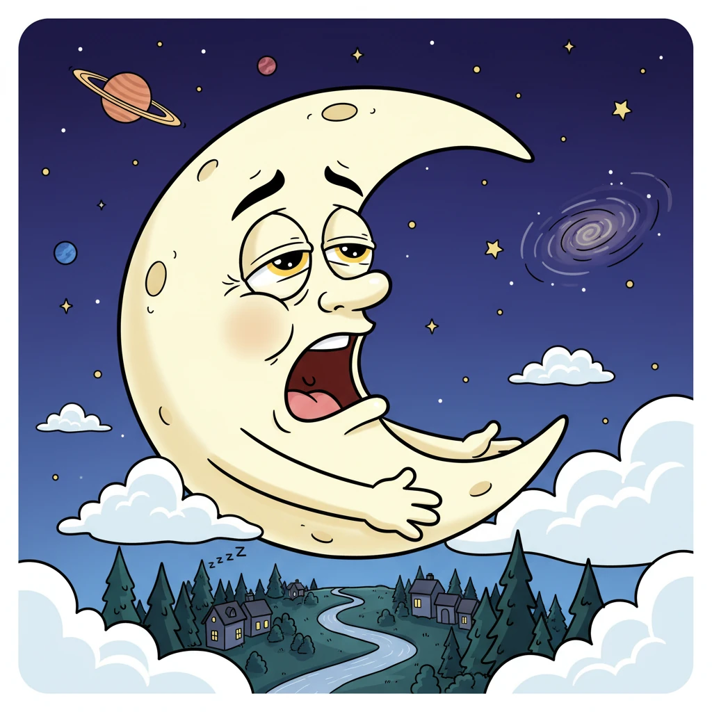 Milo the Moon yawned a big, crescent-shaped yawn high above the sleeping world. He had worked hard all night, shining his soft, silvery light on sleepy houses and quiet forests. His eyes felt heavy, and he longed for his cozy cloud bed.