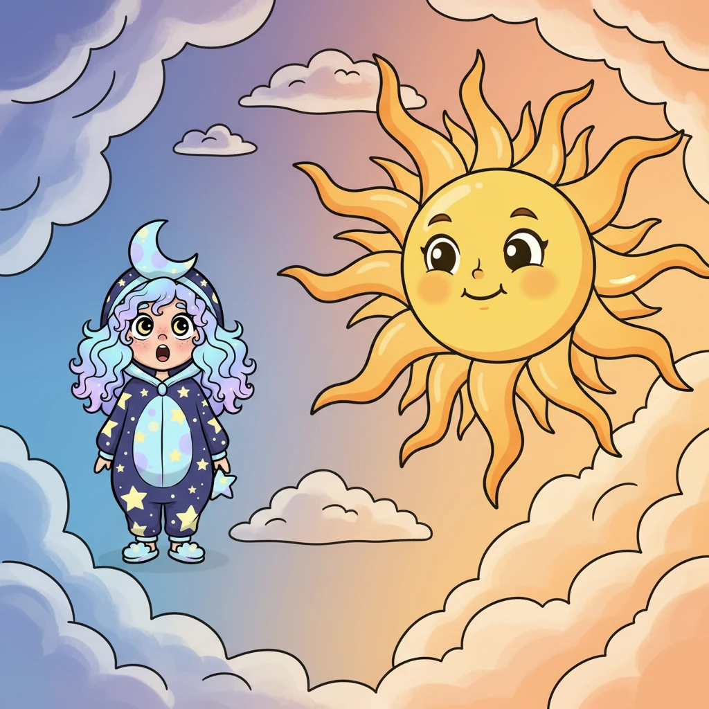 Suddenly, a bright, cheerful face appeared on the other side of the sky – it was Sol, the Sun, ready for his big entrance! Sol blinked in surprise, his golden rays stretching out. "Milo, old friend, what are you still doing up here?" he chuckled.