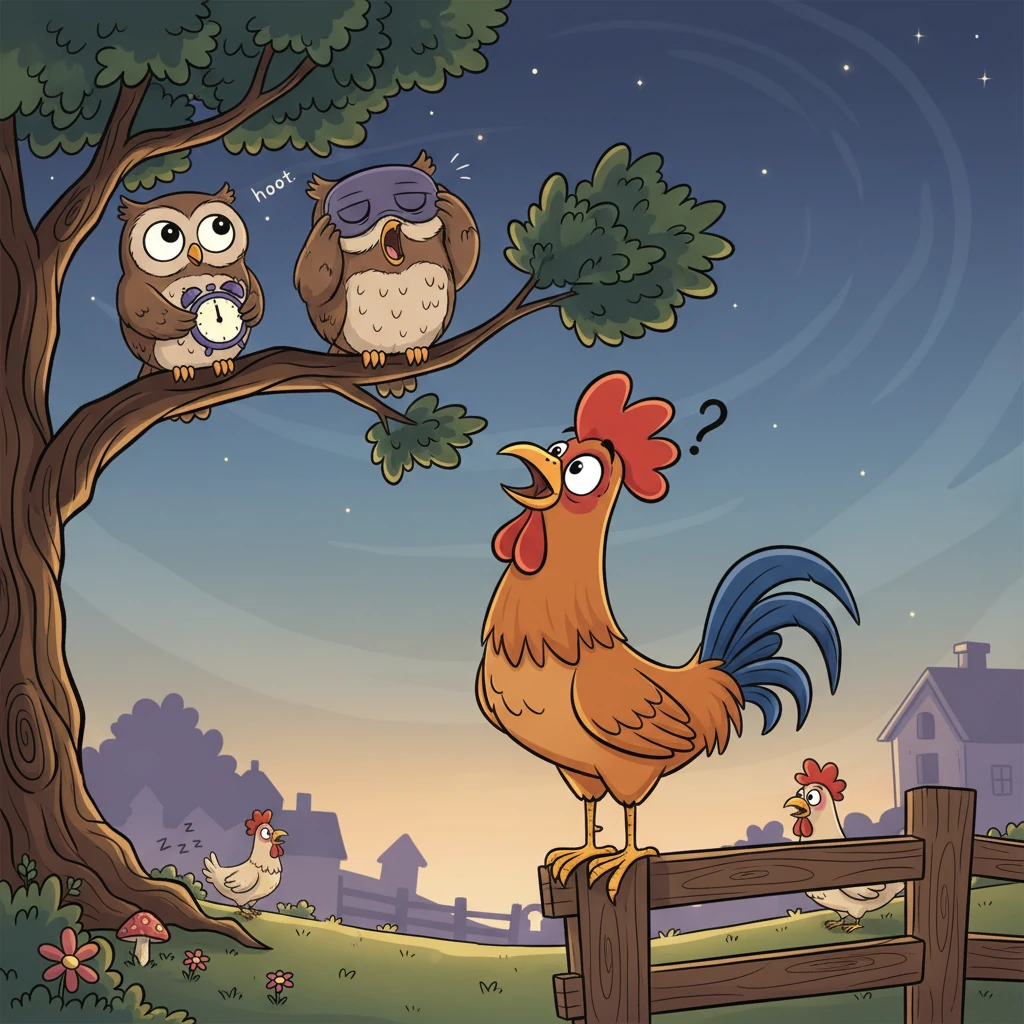 Down on Earth, the morning was very confused. Roosters crowed, then tilted their heads, wondering why it wasn't quite bright. Owls, who loved the dark, hooted softly, wishing Milo would hurry up and leave so they could truly sleep.