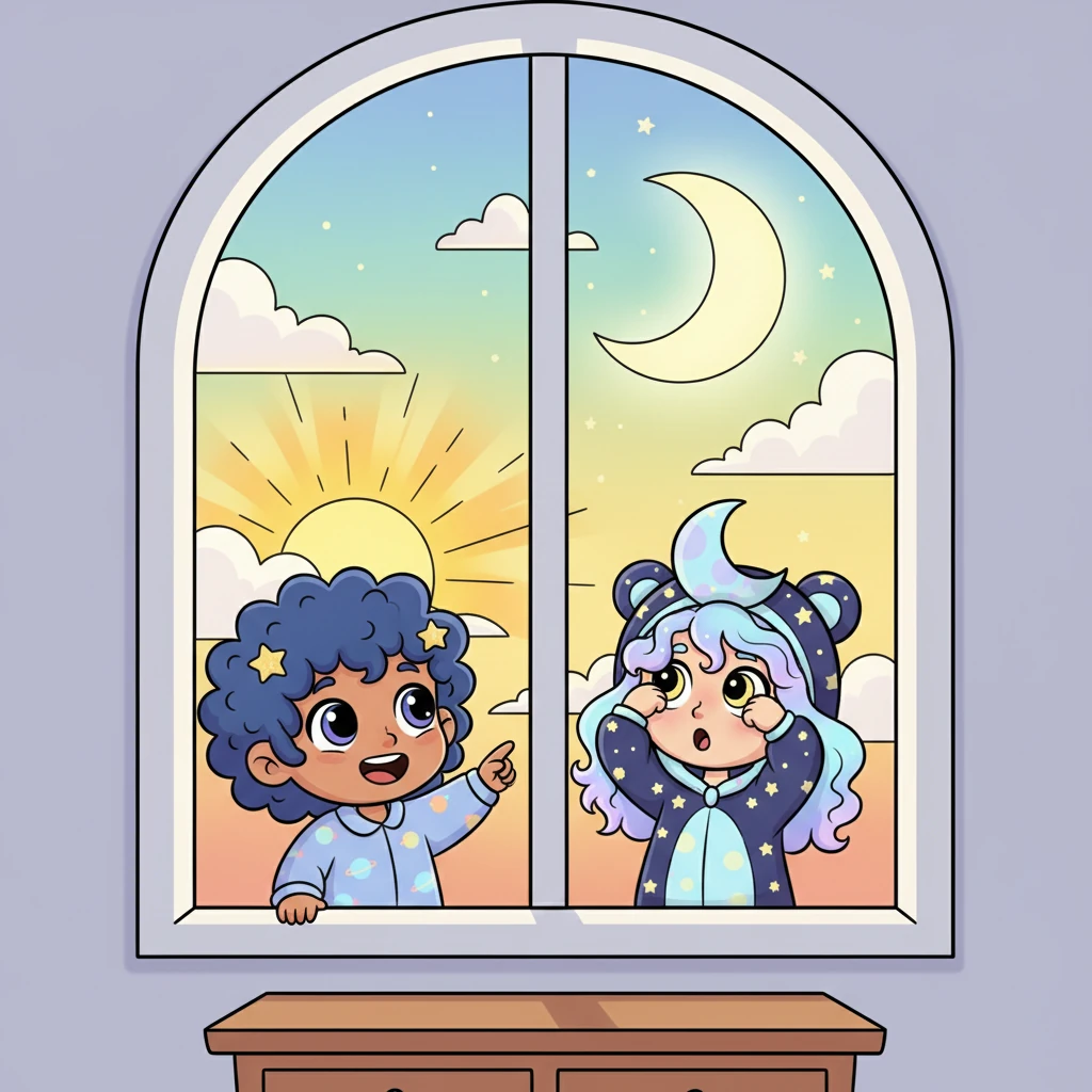 Little children peered out their windows, rubbing their eyes. "Look, Mommy!" cried Lily, pointing a tiny finger. "The moon is still there, and the sun is coming too!" It was a very unusual morning indeed.
