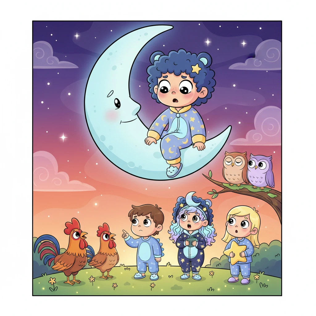 Milo looked down and saw all the puzzled faces – the roosters, the owls, and especially the curious children. A little blush spread across his sleepy cheeks. He realized his extra snooze was making things a bit topsy-turvy.