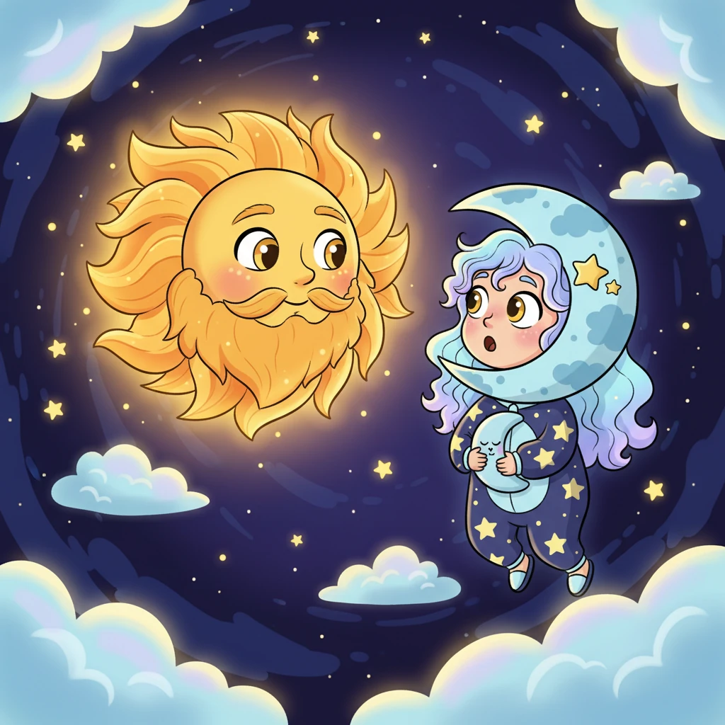 Sol floated closer, his warmth gentle and kind. "Everyone has their special time to shine, Milo," he whispered. "The day needs my bright light for playing, and the night needs your soft glow for dreaming." Milo nodded slowly, understanding.