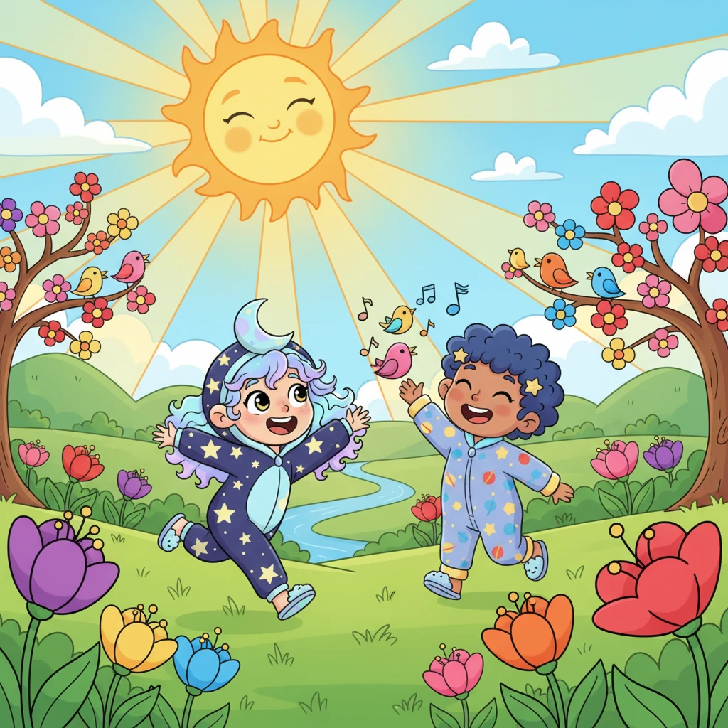 Now, Sol shone with all his might! The world burst into vibrant colors. Children ran outside to play, birds sang their loudest songs, and flowers opened their petals wide, happy for the bright, sunny day.