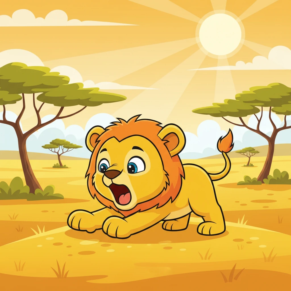 Juba acorda sob o sol quente da savana africana. Ele boceja e estica suas patas, pronto para um novo dia cheio de descobertas.