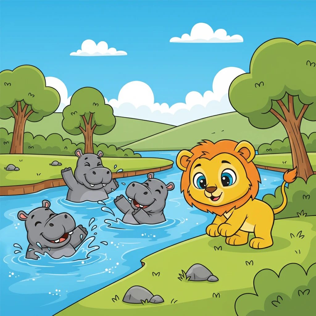 A primeira parada de Juba é o rio, onde ele observa os hipopótamos brincando na água. Eles parecem tão felizes e despreocupados!