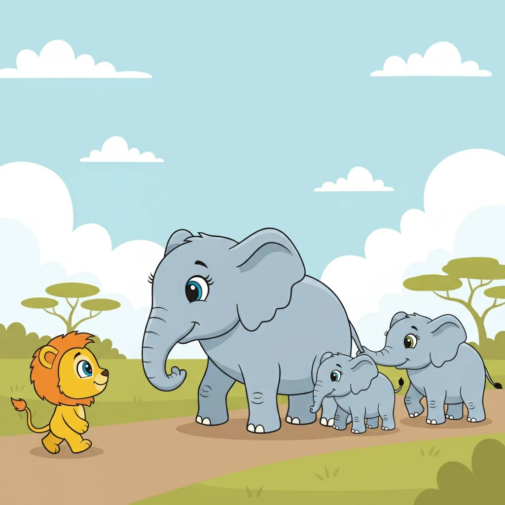 Continuando sua jornada, Juba encontra uma família de elefantes caminhando em fila. Eles são tão grandes e gentis!