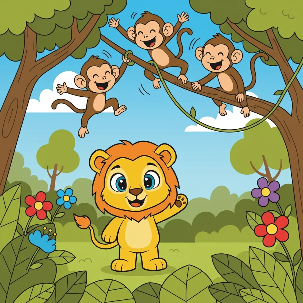 Juba se aventura pela floresta, onde encontra macacos saltando de galho em galho. Eles o cumprimentam com gritos alegres.