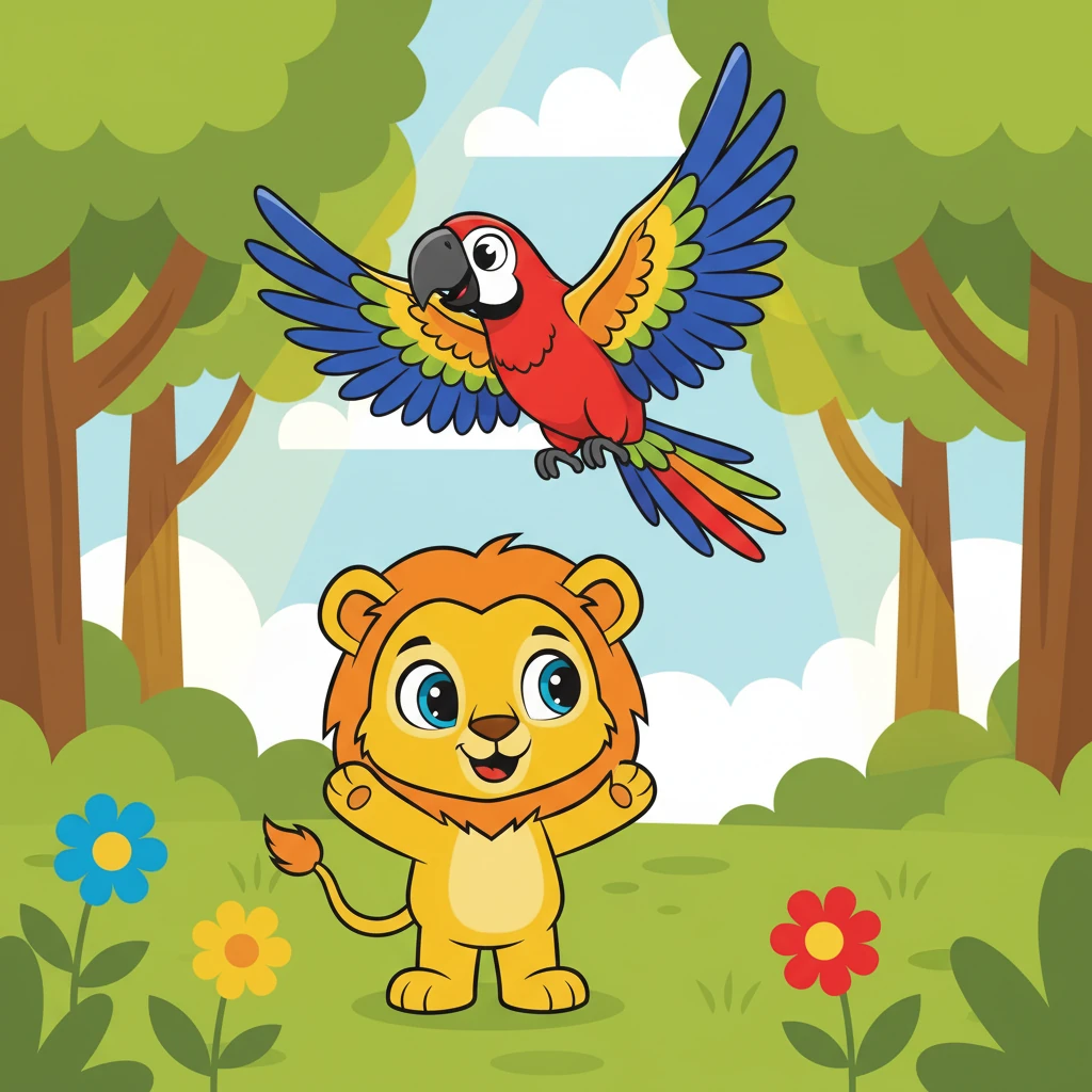 No meio da floresta, Juba encontra uma linda arara, com penas coloridas. Ela voa sobre ele, mostrando suas cores vibrantes.