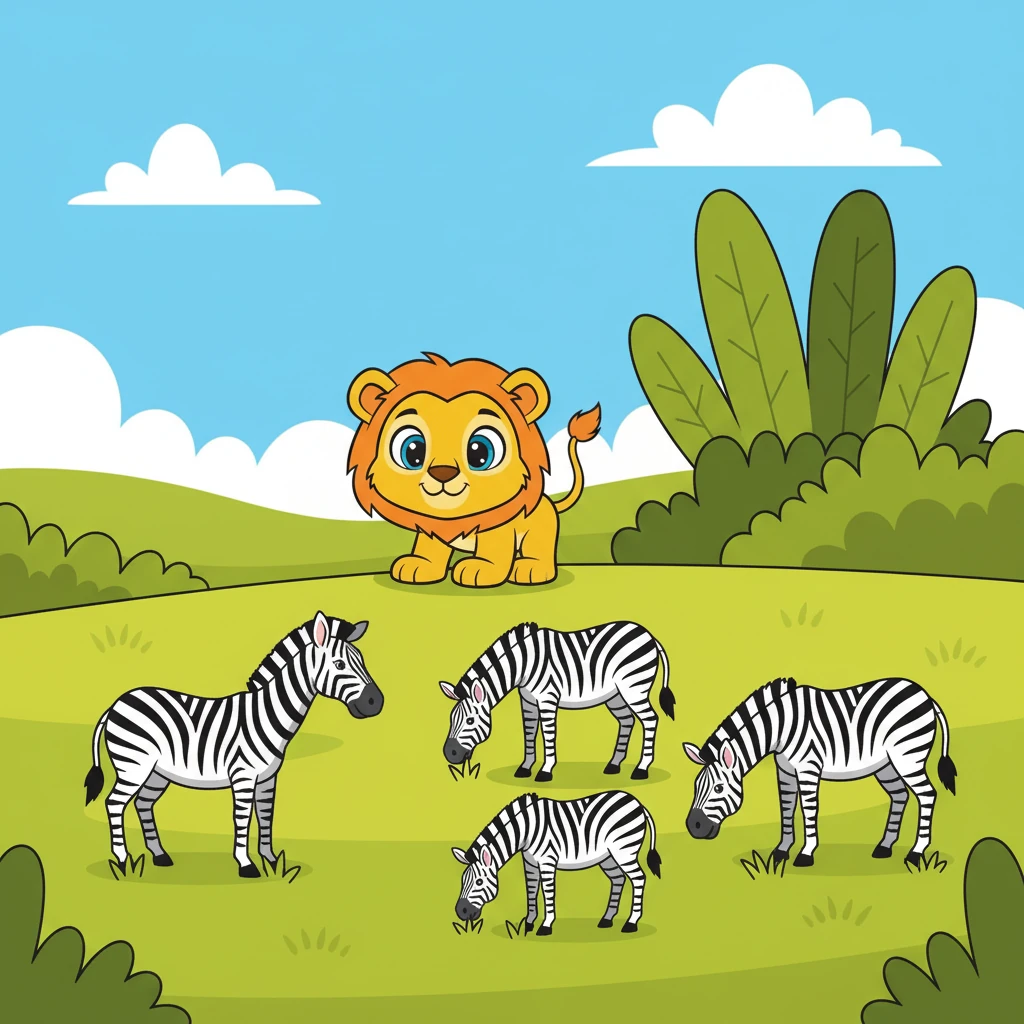 Juba observa um grupo de zebras pastando na grama. Suas listras são incríveis e únicas.