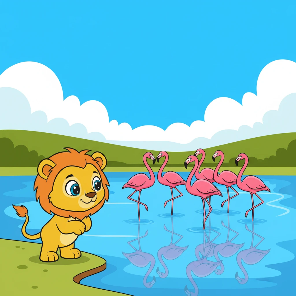 Em um lago calmo, Juba vê um bando de flamingos cor-de-rosa. Eles ficam em uma perna só, parecendo bailarinos.