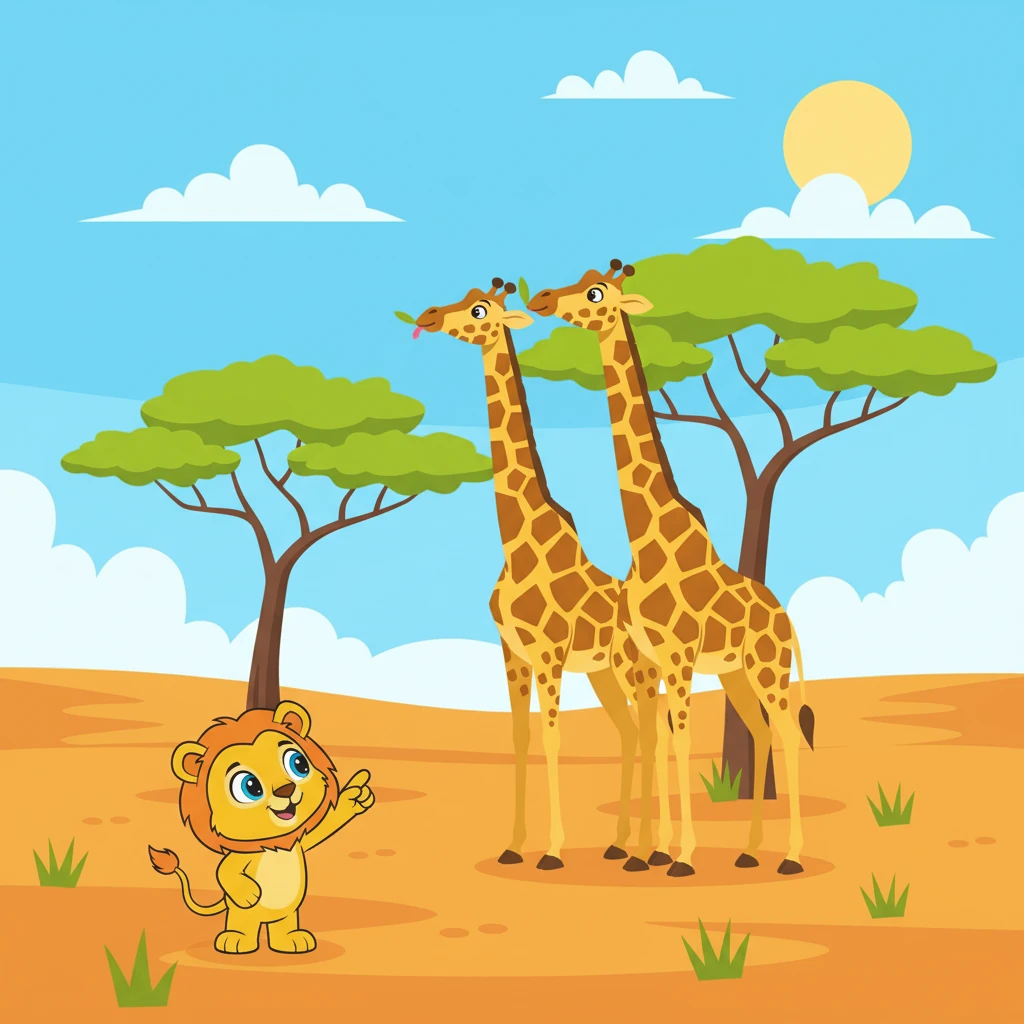 Juba encontra um grupo de girafas, com seus pescoços longos alcançando as árvores mais altas. Elas parecem elegantes e majestosas.