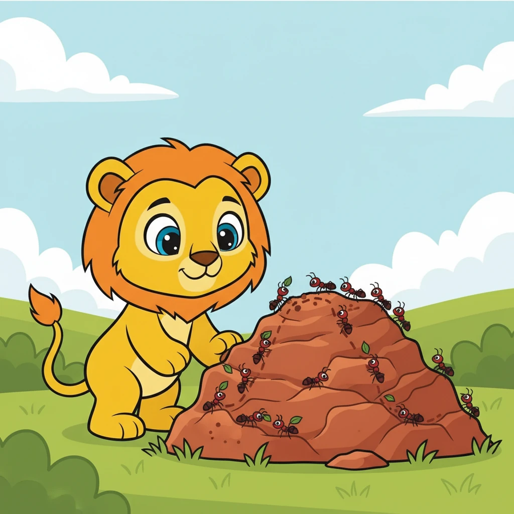 Juba se aproxima de um formigueiro, observando as formigas trabalhando juntas para construir sua casa. Elas são tão organizadas!