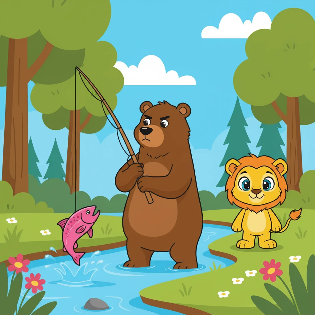 Juba chega a uma clareira, onde encontra um urso pardo pescando salmão no rio. Ele parece concentrado.