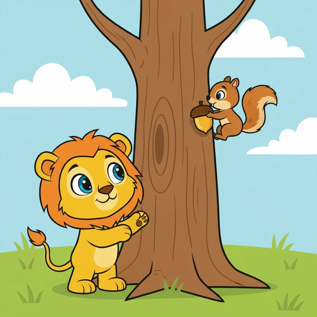 Juba observa um esquilo correndo pela árvore, carregando uma noz. Ele é tão rápido!