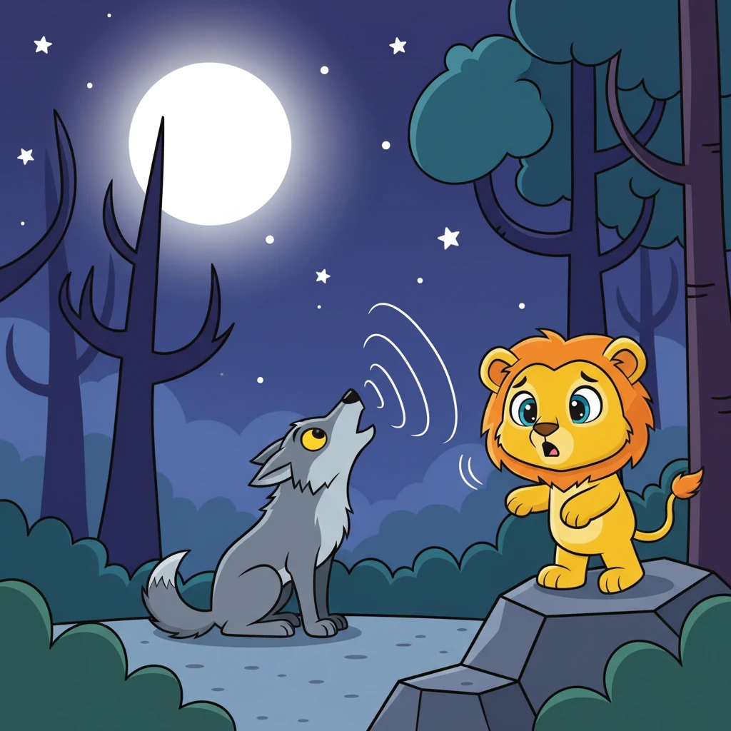 Juba se depara com um lobo solitário uivando para a lua. Sua voz ecoa pela floresta.