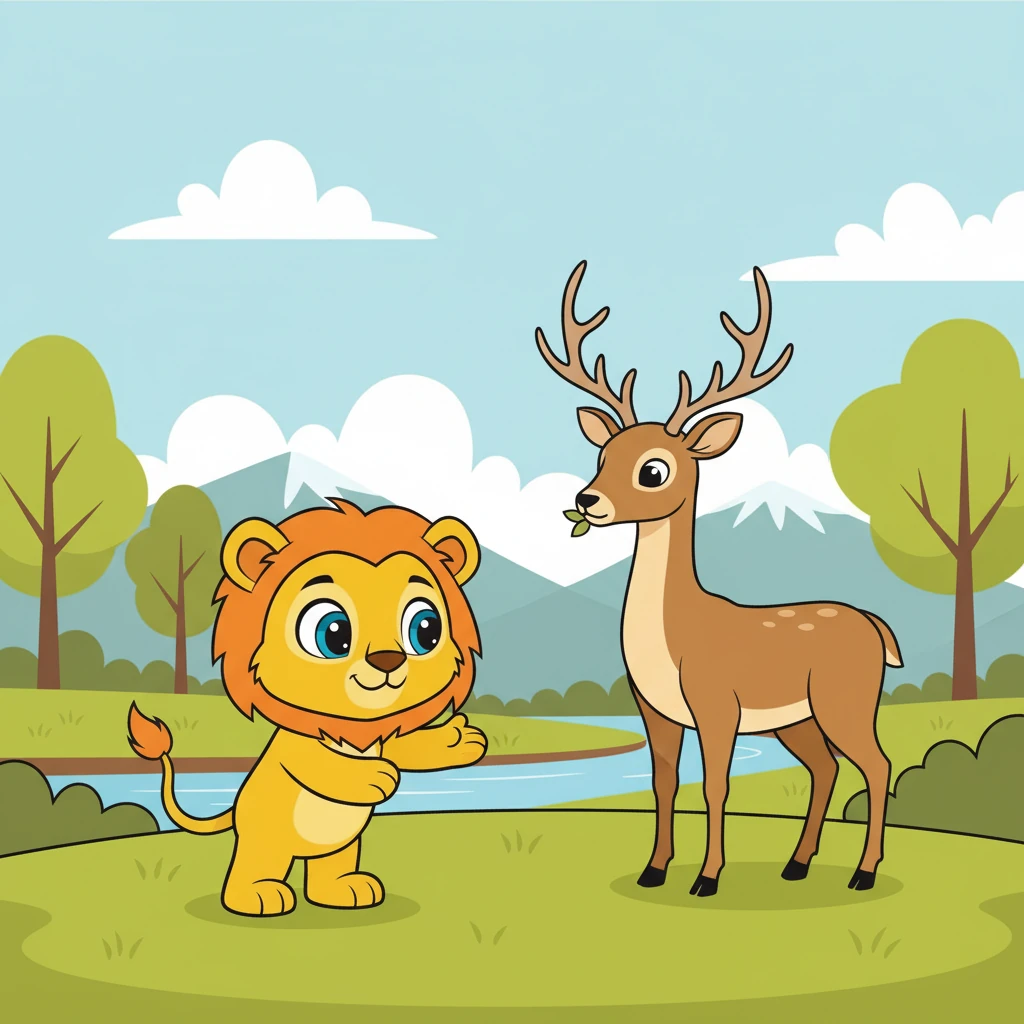 Juba encontra um cervo majestoso, com grandes chifres. Ele parece calmo e sereno.