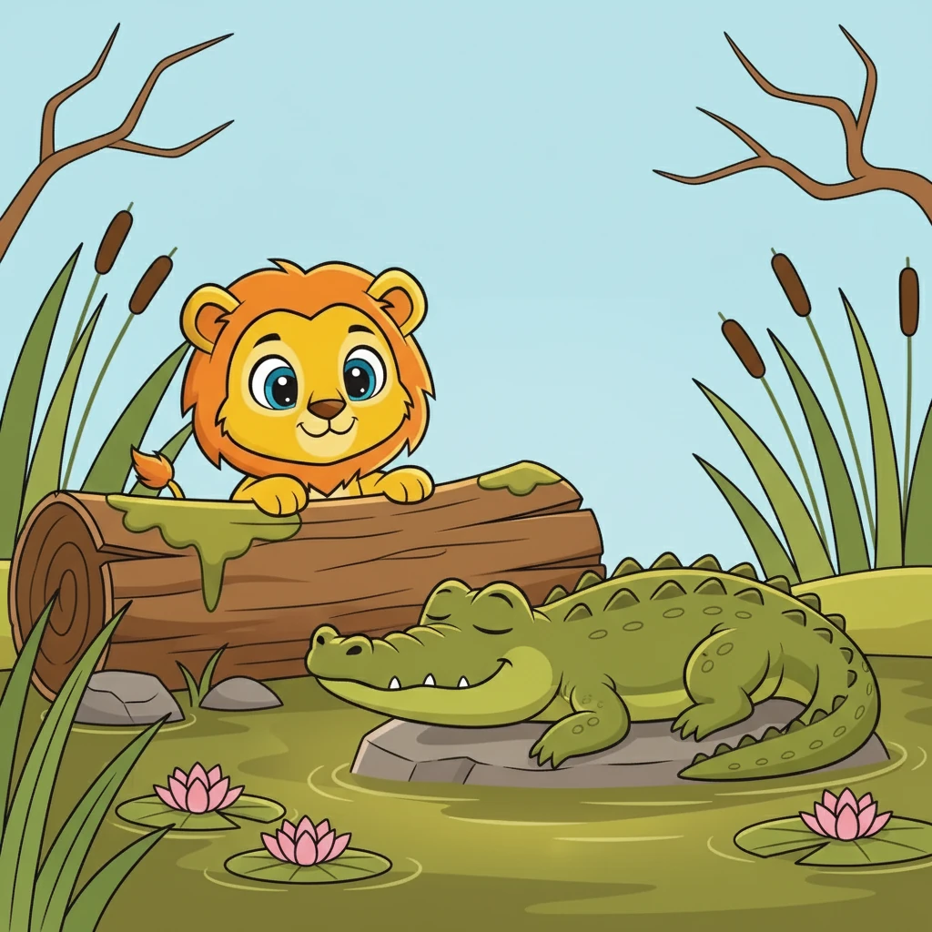 Juba chega a um pântano, onde vê um jacaré tomando sol. Ele parece relaxado.