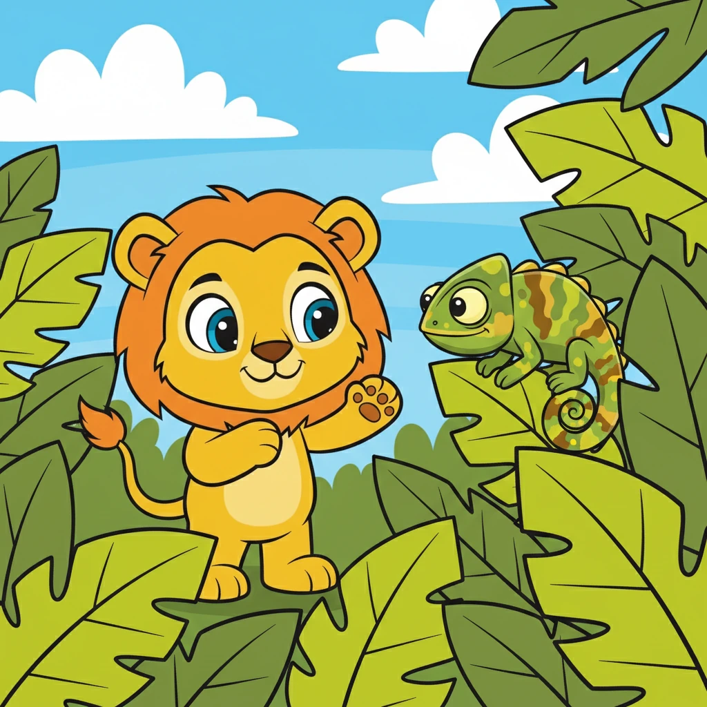 Juba observa um camaleão, que muda de cor para se camuflar nas folhas. Ele é incrível!