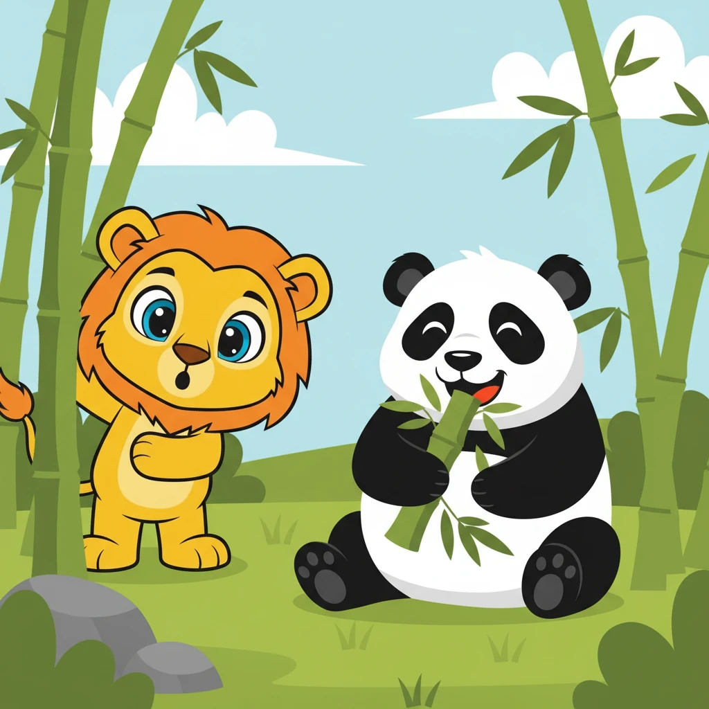 Juba encontra um panda comendo bambu. Ele parece muito satisfeito.