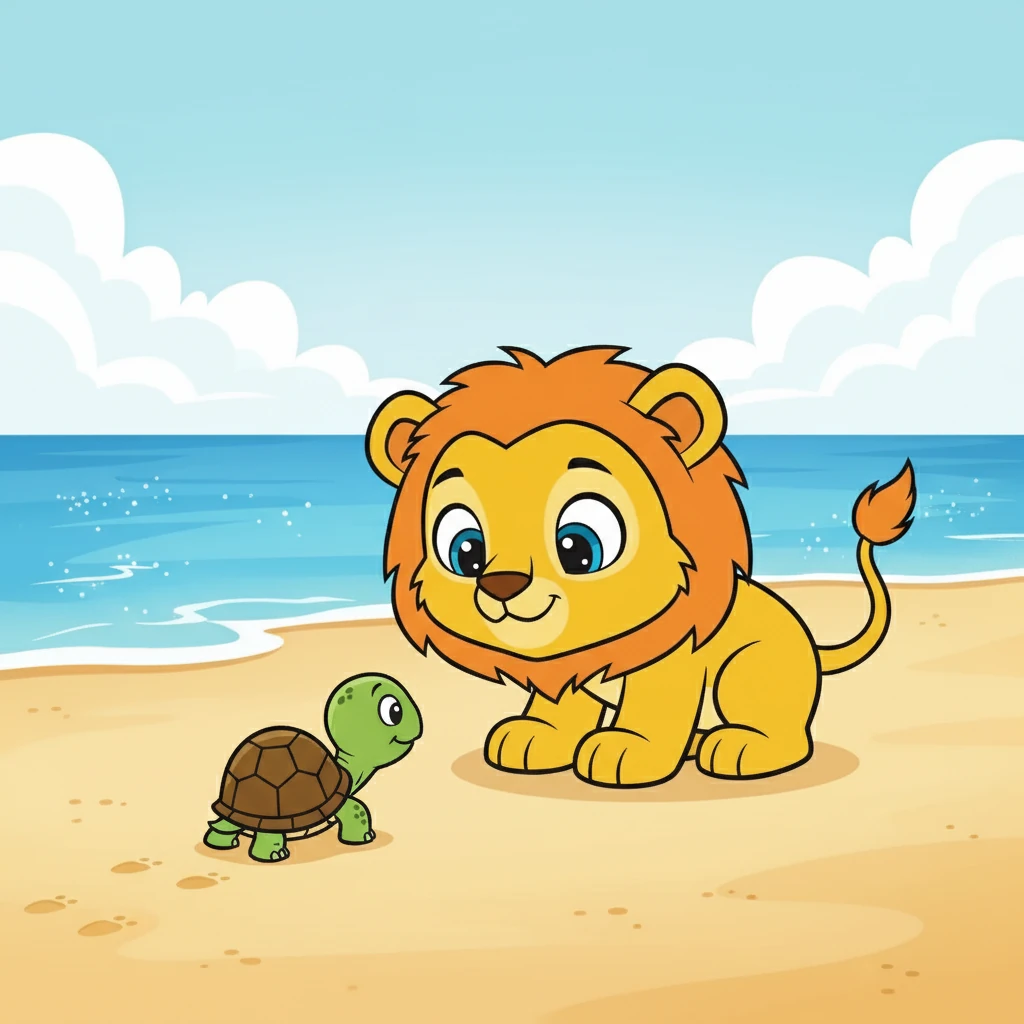 Juba observa uma tartaruga caminhando lentamente pela areia. Ela parece paciente e persistente.