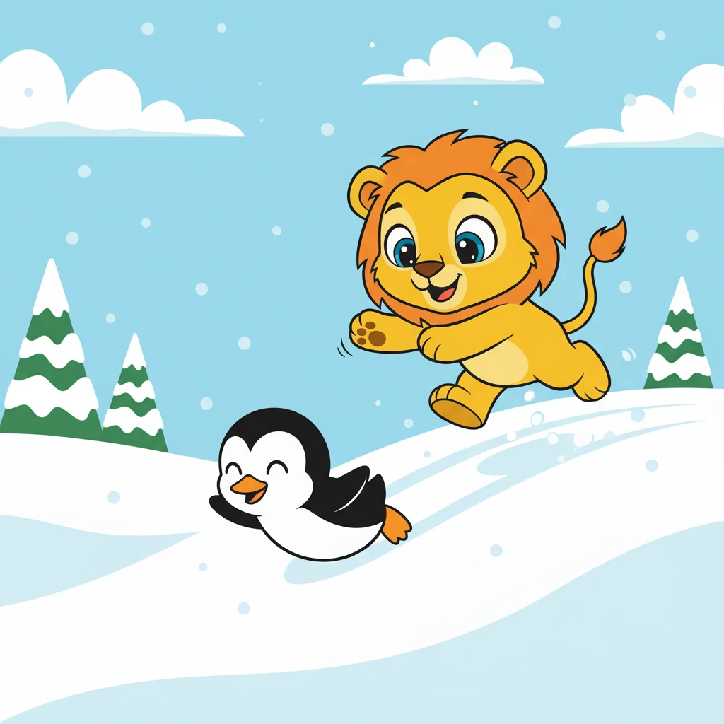 Juba encontra um pinguim deslizando na neve. Ele parece se divertir muito.