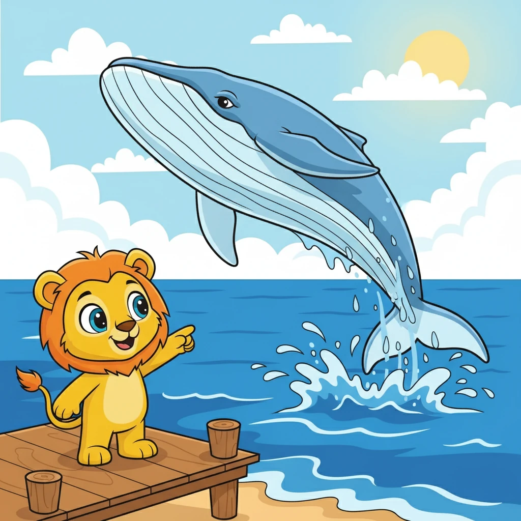 Juba vê uma baleia jubarte saltando para fora do mar. Ela é tão grande e impressionante!