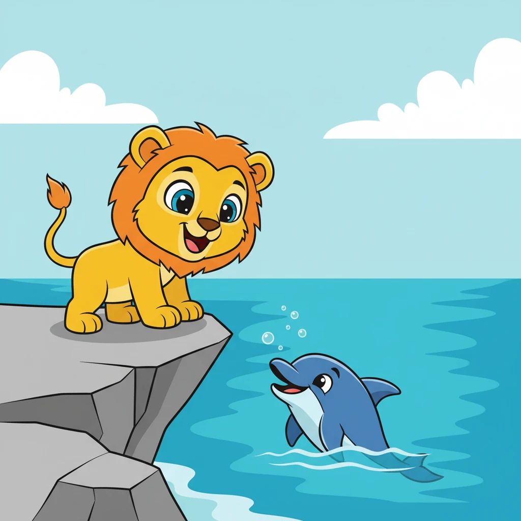 Juba observa um golfinho nadando no oceano. Ele parece feliz e brincalhão.