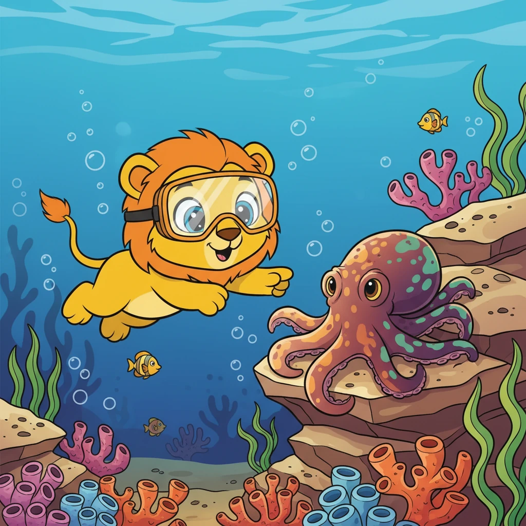 Juba observa um polvo mudando de cor para se esconder nas rochas. Ele é tão inteligente!