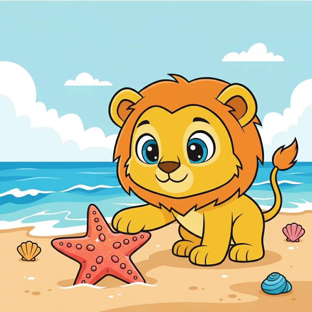 Juba encontra uma estrela-do-mar na praia. Ela é tão bonita e delicada.