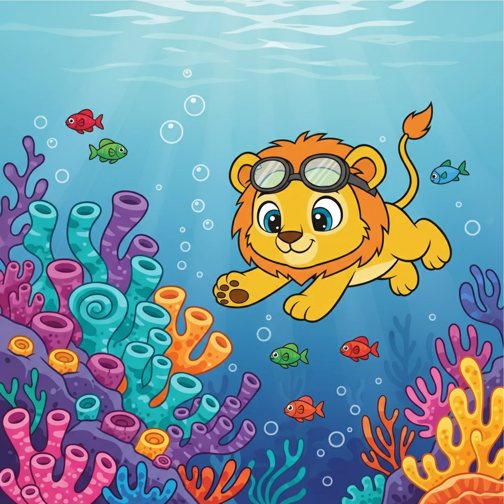 Juba encontra um coral colorido no fundo do mar. Ele é tão vibrante e cheio de vida.