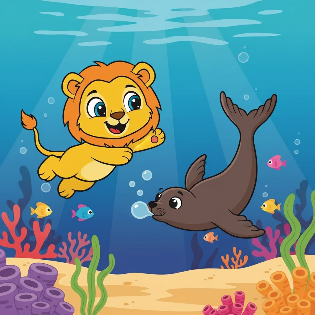 Juba encontra um leão marinho nadando no oceano. Ele parece ágil e divertido.